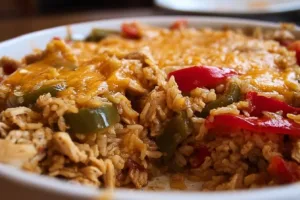 Delicious Chicken Fajita Casserole baked with rice and vibrant vegetables