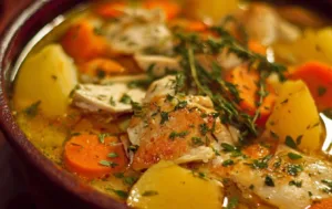 A bowl of hearty chicken stew with vegetables and herbs, perfect for comforting meals.