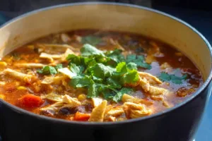 Bowl of delicious Chicken Tortilla Soup topped with tortilla strips and avocado