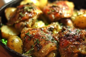 Delicious plate of Chicken Vesuvio with garlic and herbs