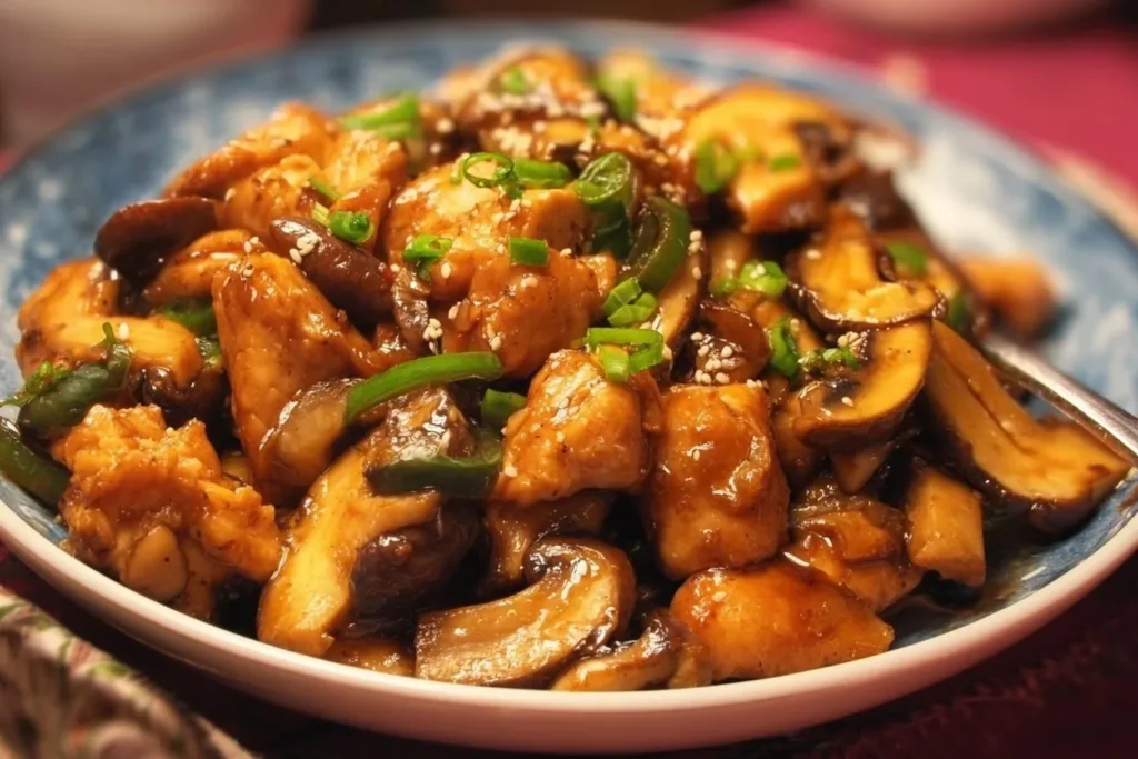 Delicious Chinese Chicken and Mushrooms dish served with steamed rice