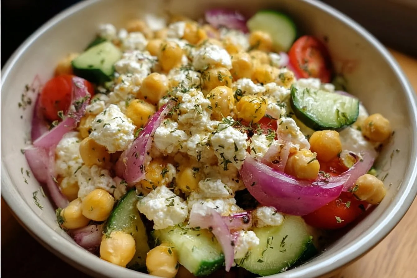 Colorful Cottage Cheese Chickpea Salad Bowl with fresh vegetables and herbs