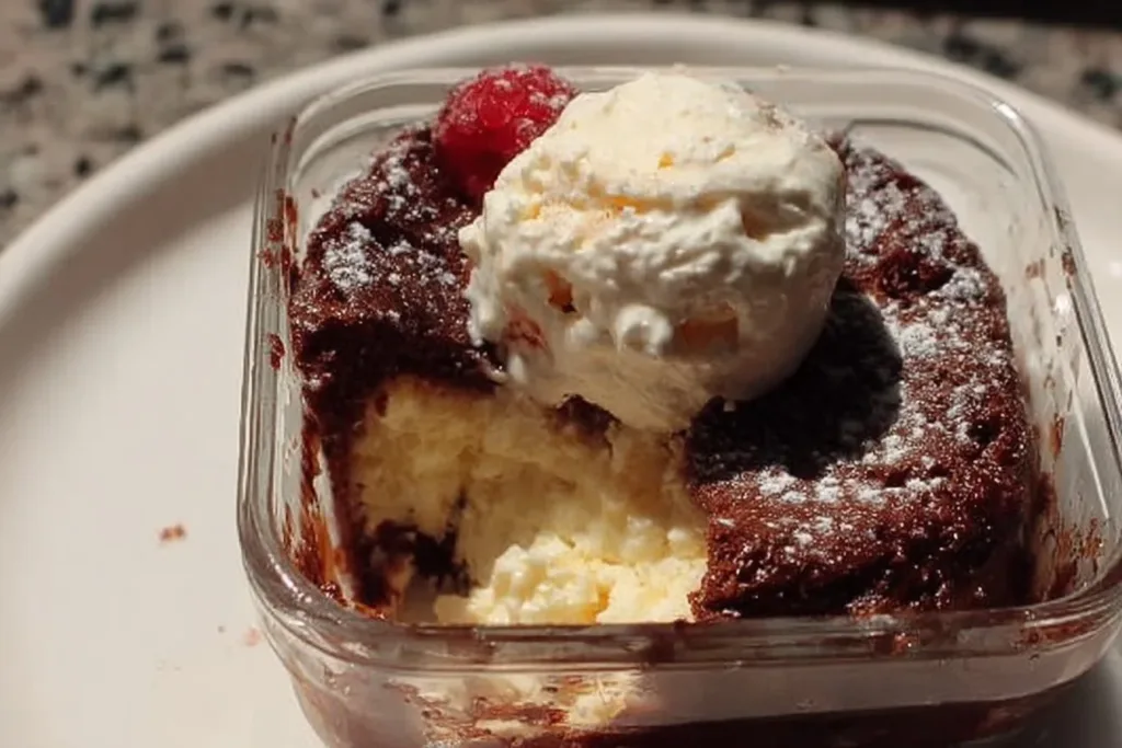 Delicious cottage cheese lava cake with a gooey center on a white plate.