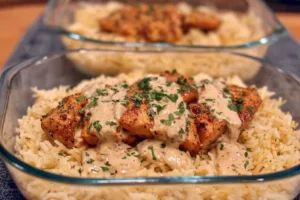Creamy Cajun Chicken and Rice Bowl topped with herbs and spices