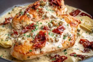 Creamy chicken breast with sun-dried tomatoes and artichokes served on a plate.