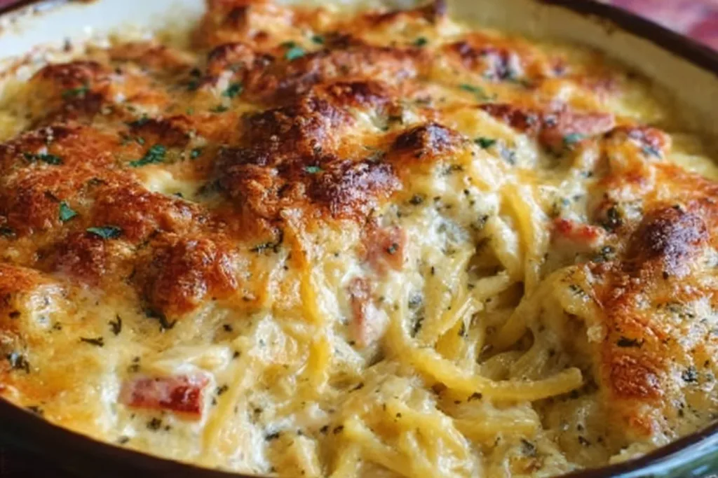 Creamy chicken casserole topped with crunchy breadcrumbs and fresh herbs