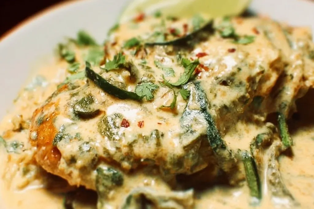 Creamy Poblano Chicken dish with tender chicken and poblano peppers