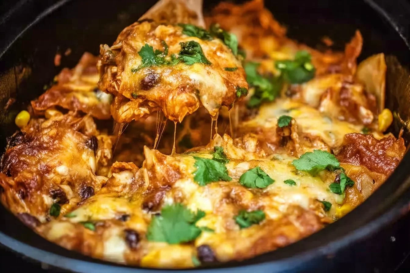 Delicious Crockpot Chicken Enchiladas Casserole topped with cheese and fresh ingredients