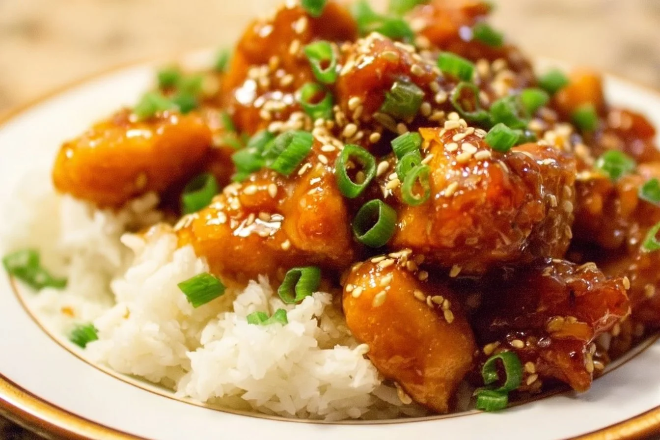 CrockPot Orange Chicken with rice and vegetables served on a plate