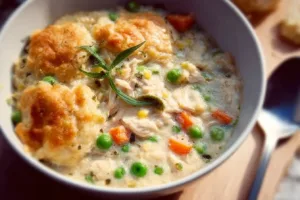 Bowl of crustless chicken pot pie soup with vegetables and chicken pieces.