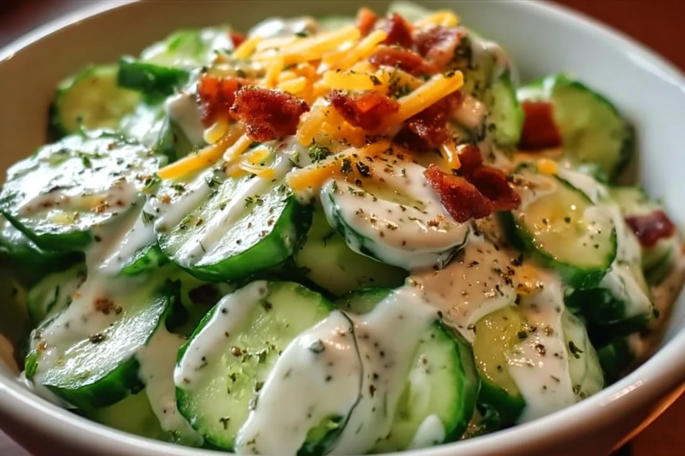 Cucumber Ranch Crack Salad 2 Cucumber Ranch Salad featuring fresh cucumbers and ranch dressing.