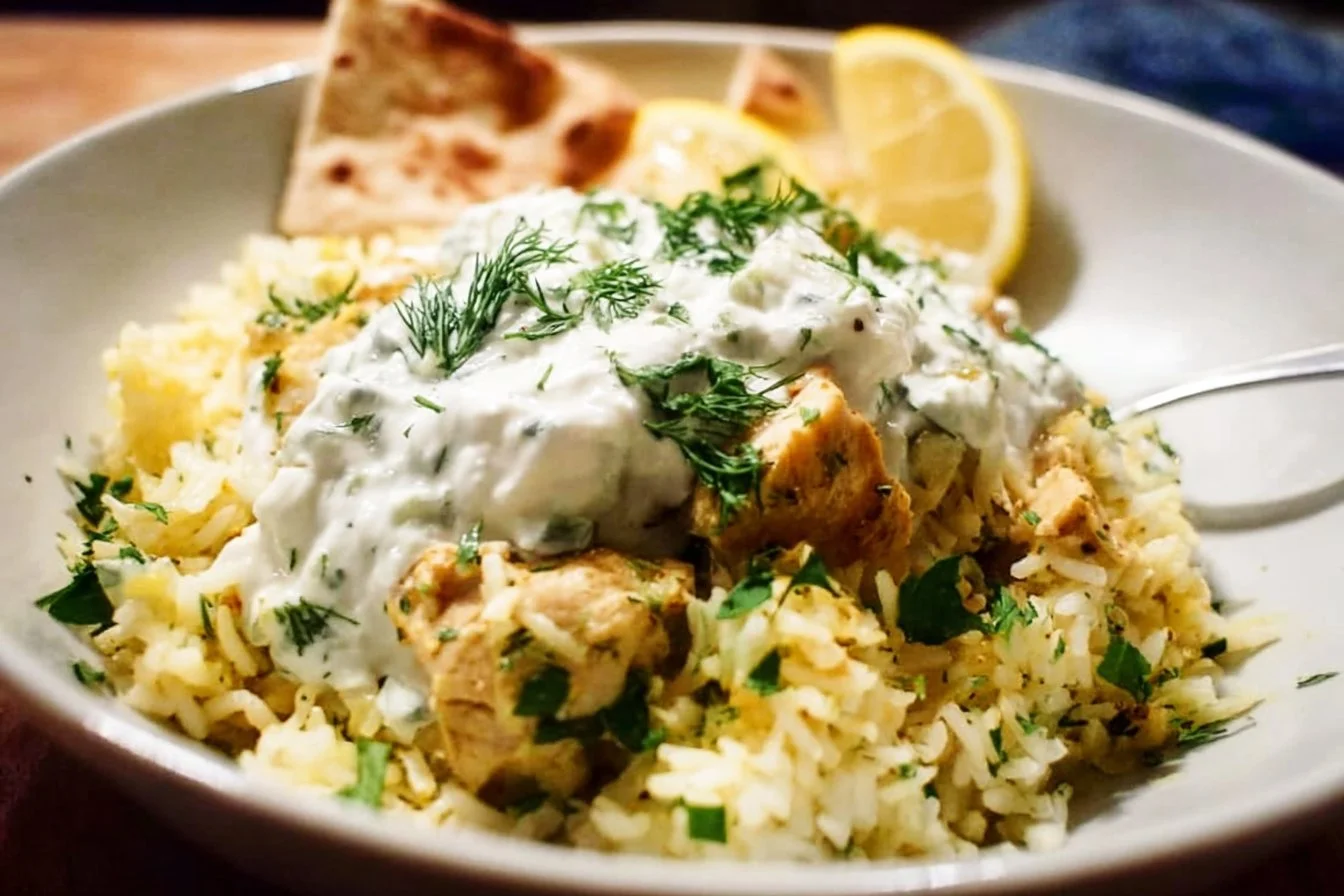 Dump-and-Bake Chicken Tzatziki and Rice 2 Dump-and-Bake Chicken Tzatziki served with rice on a plate