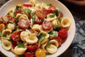 Ear-shaped Pasta Bruschetta Salad with fresh tomatoes and basil
