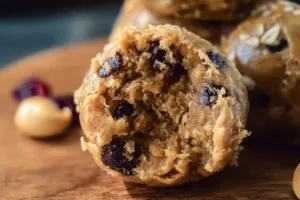 Healthy homemade peanut butter protein balls arranged on a plate.
