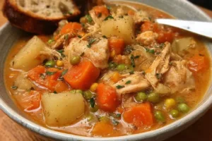 Bowl of easy slow cooker chicken stew with vegetables and herbs