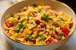Frito Corn Salad served in a bowl with colorful ingredients