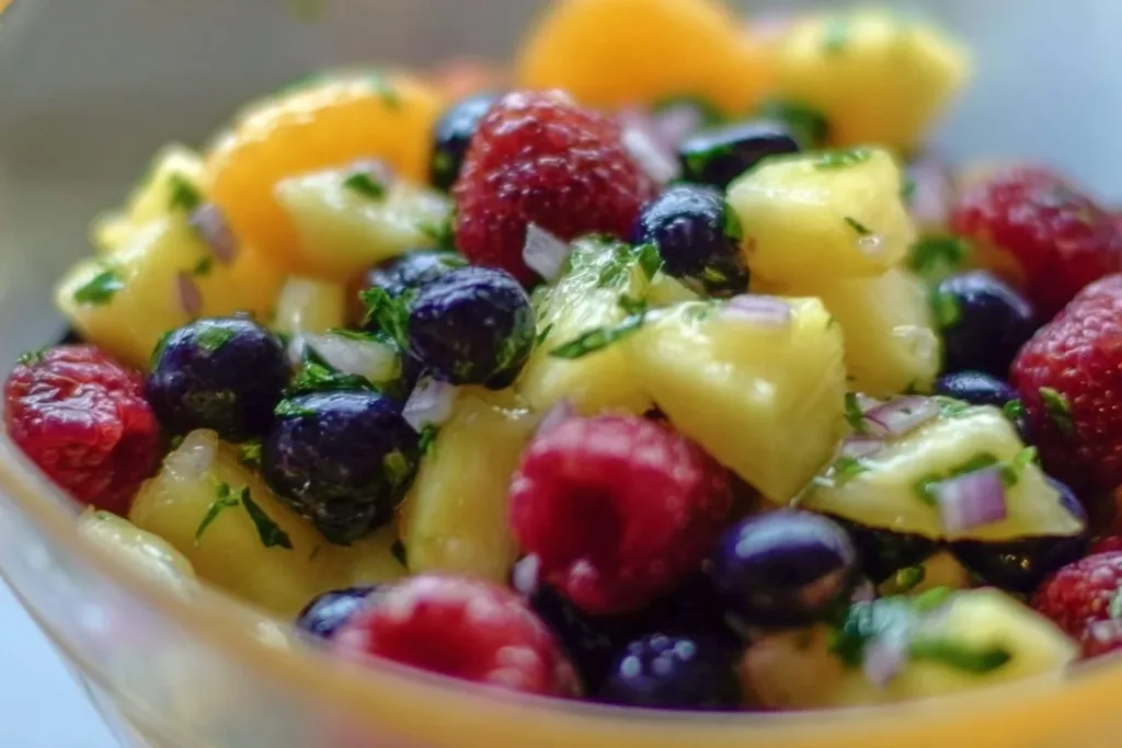 Colorful bowl of fresh fruit salad with a variety of chopped fruits