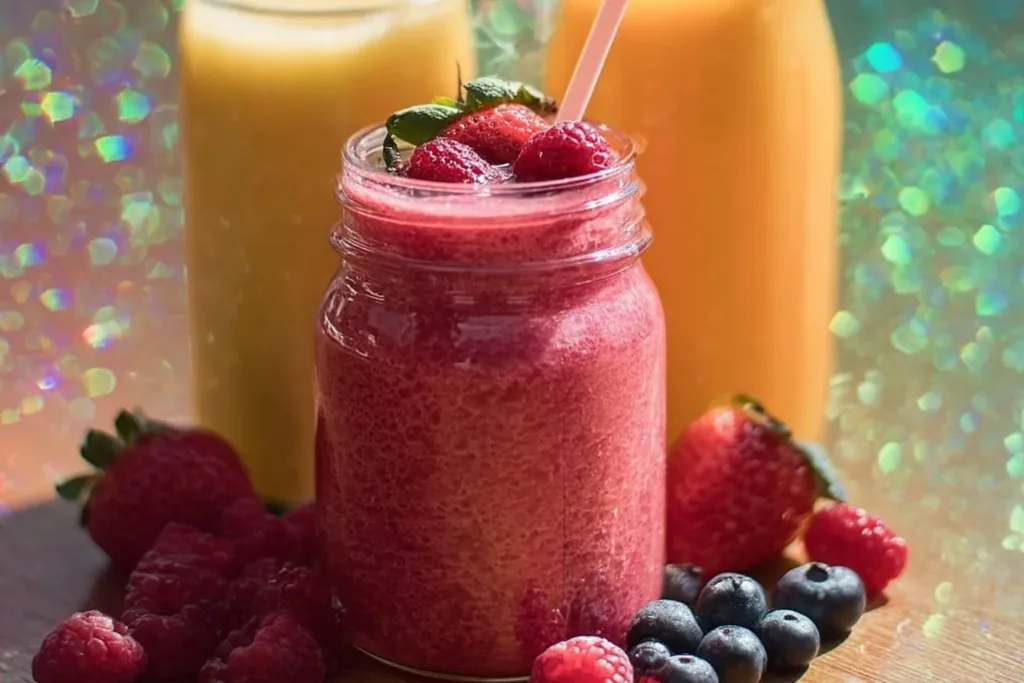Fruit Smoothie 5 Colorful fruit smoothie in a glass with fresh fruits and a straw