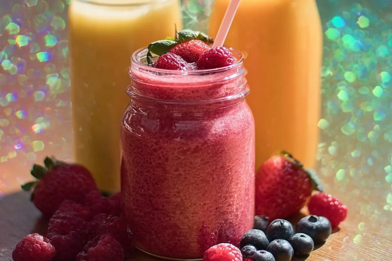 Fruit Smoothie 2 Colorful fruit smoothie in a glass with fresh fruits and a straw