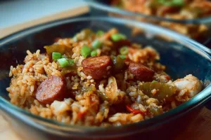 A bowl of Grandma's delicious jambalaya with vibrant ingredients