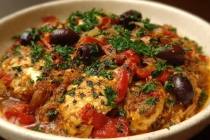 Baked Greek Chicken Casserole garnished with olives and feta cheese