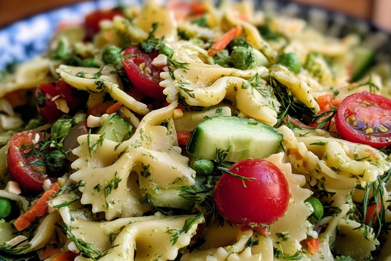 Green Goddess Pasta Salad 2 Bowl of Green Goddess Pasta Salad with fresh vegetables and creamy dressing