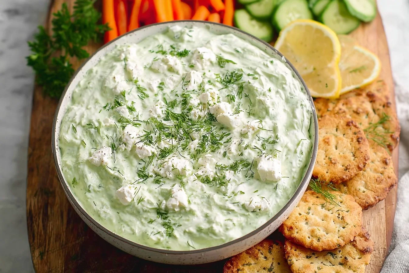 Green Goddess whipped feta dip garnished with fresh herbs