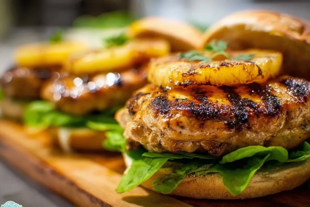 Grilled Hawaiian Chicken Burgers 7 Grilled Hawaiian Chicken Burger served with pineapple and teriyaki sauce