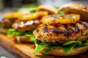 Grilled Hawaiian Chicken Burger served with pineapple and teriyaki sauce