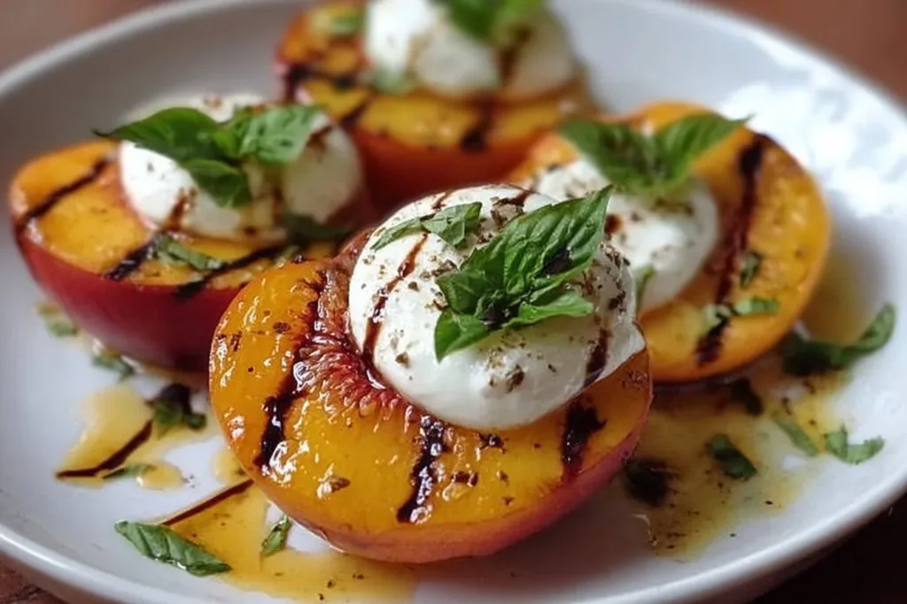 Grilled Nectarines with Burrata and Honey 6 Grilled nectarines with burrata cheese and honey on a plate