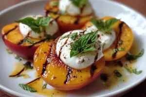 Grilled nectarines with burrata cheese and honey on a plate