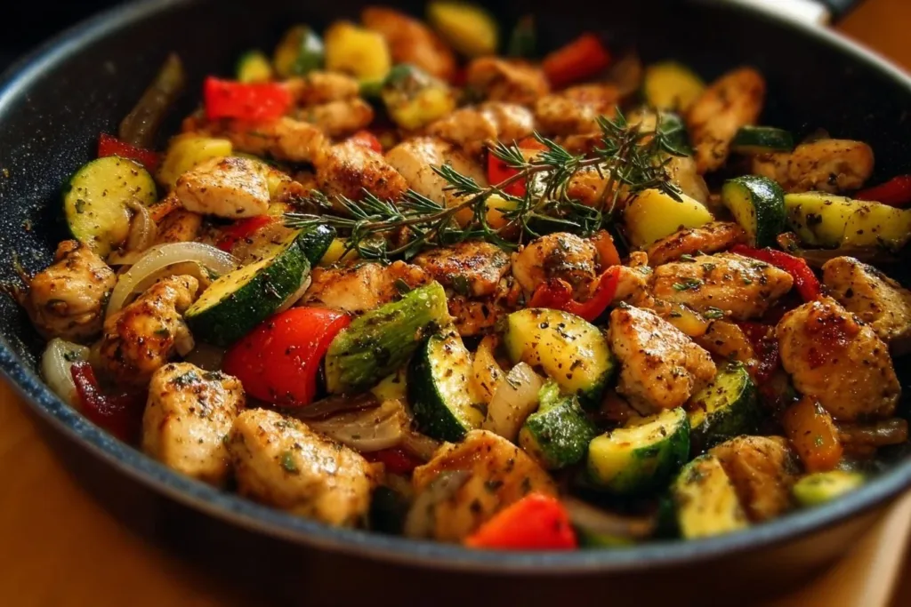 Healthy chicken and vegetables skillet dish with colorful veggies and chicken breast.