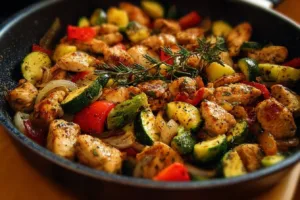 Healthy chicken and vegetables skillet dish with colorful veggies and chicken breast.