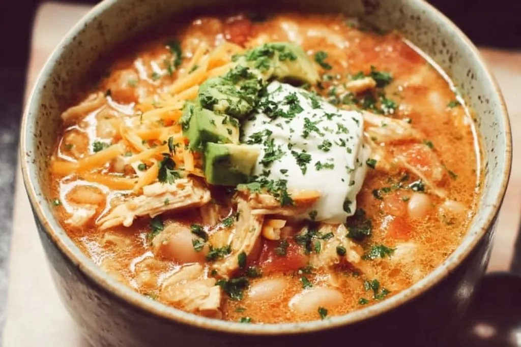 Bowl of healthy high protein white chicken chili topped with cilantro and lime.