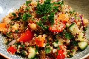 Healthy quinoa salad with fresh vegetables and dressing in a bowl