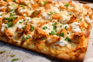 High protein buffalo chicken flatbread topped with fresh ingredients