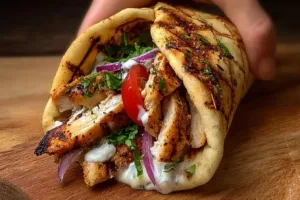 High-protein chicken gyros served with fresh vegetables and sauces