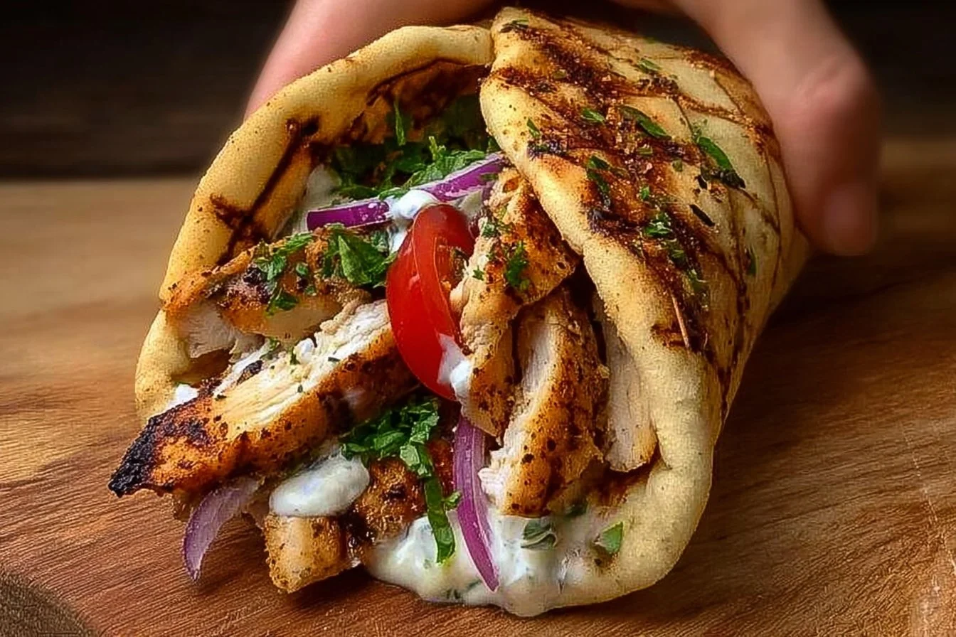 High-protein chicken gyros served with fresh vegetables and sauces