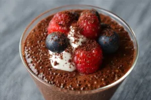 High protein chocolate chia seed pudding in a bowl with toppings