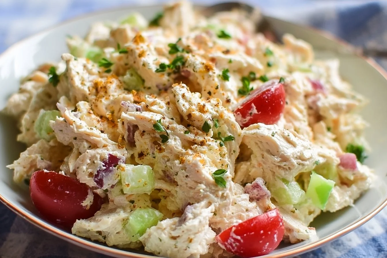 High Protein Cottage Cheese Chicken Salad in a bowl with fresh ingredients