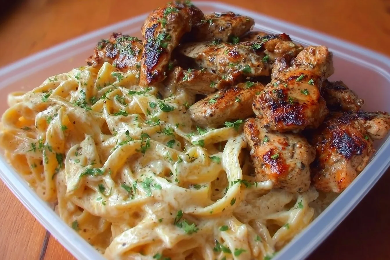 High protein grilled chicken alfredo pasta dish served on a plate