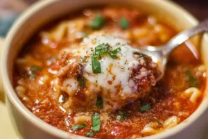 Bowl of high protein lasagna soup topped with cheese and herbs