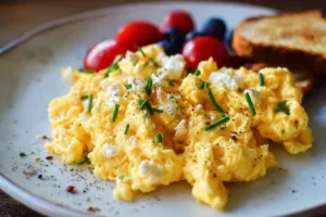 High-protein scrambled eggs with cottage cheese on a plate