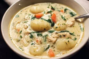 Bowl of homemade Chicken Gnocchi soup with vegetables and herbs