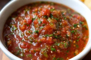Bowl of fresh homemade salsa with colorful vegetables and herbs