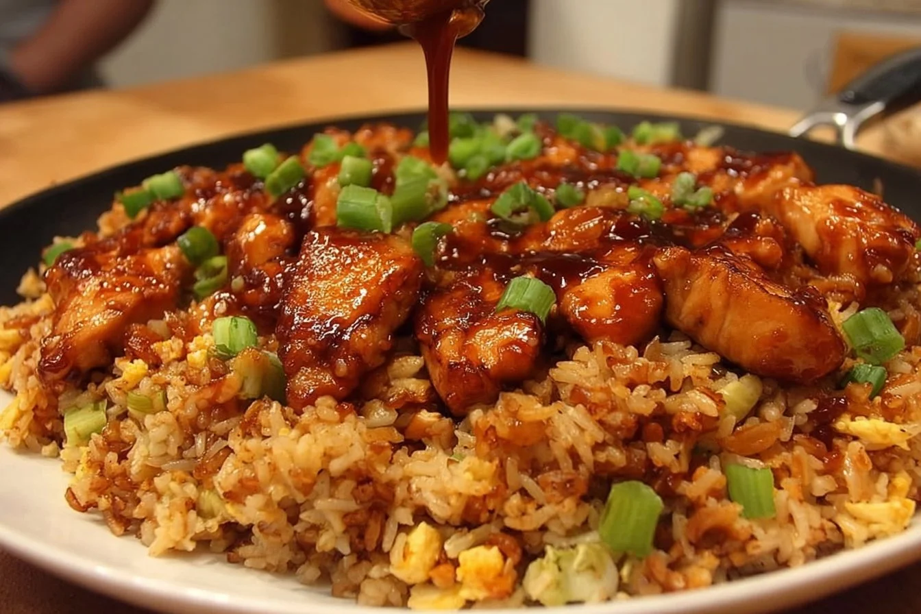 Plate of Honey Garlic Chicken Fried Rice garnished with herbs