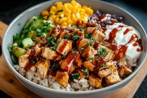 High Protein BBQ Ranch Chicken Bowl topped with fresh ingredients.