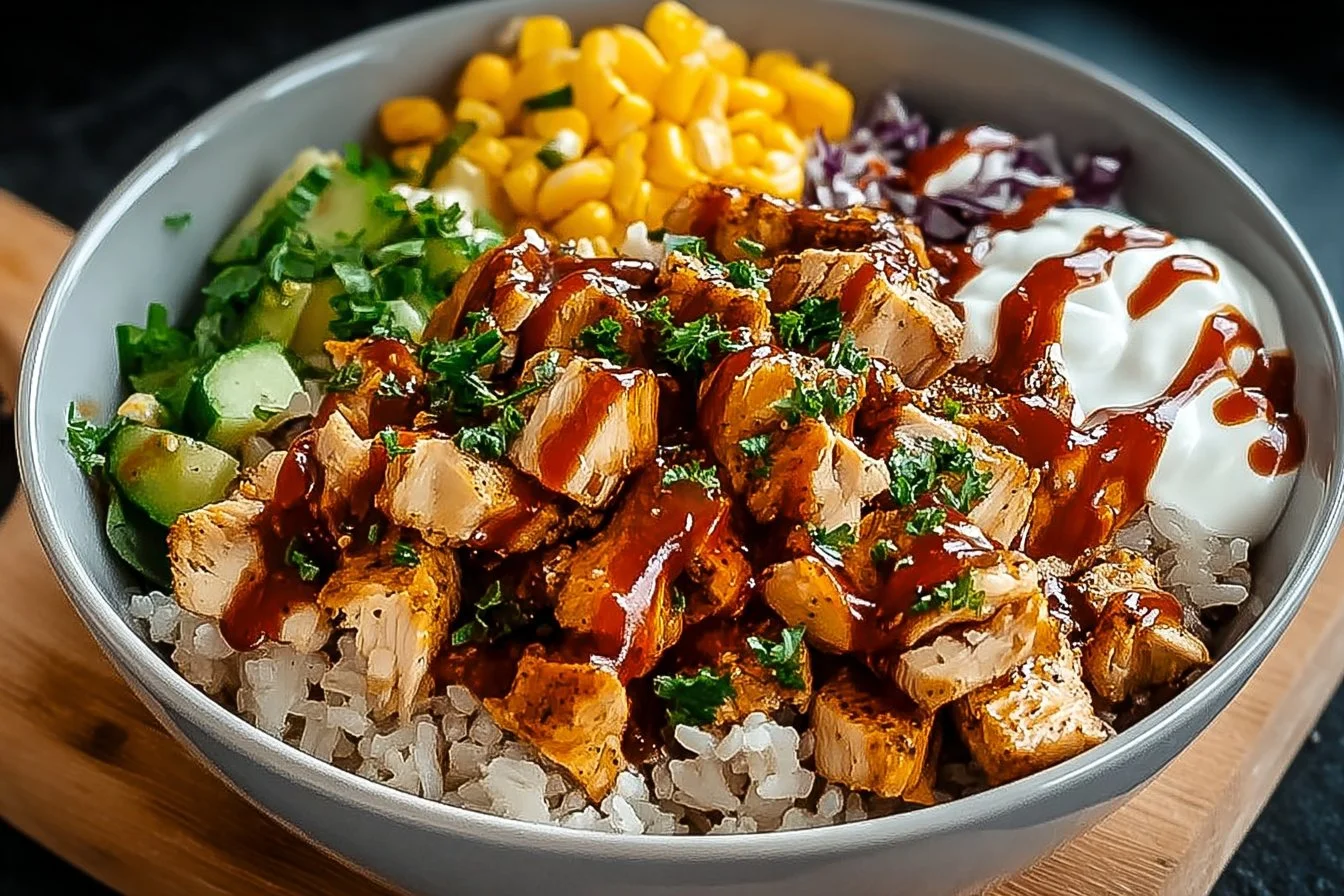 High Protein BBQ Ranch Chicken Bowl topped with fresh ingredients.