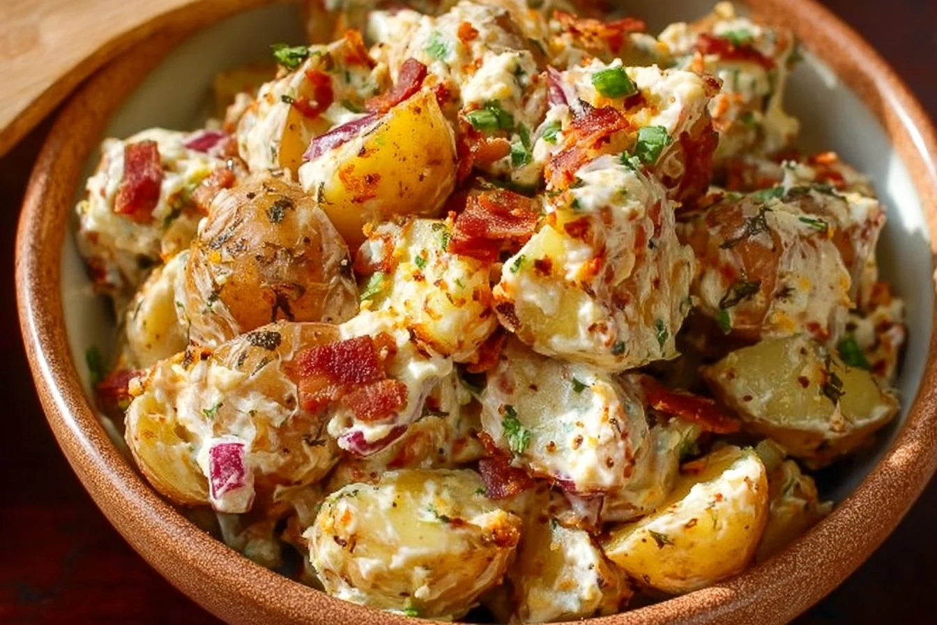 Jalapeno Popper Roasted Potato Salad 2 Jalapeno Popper Roasted Potato Salad garnished with fresh herbs