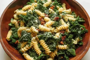 Delicious Kale Caesar Pasta Salad featuring fresh kale and creamy dressing